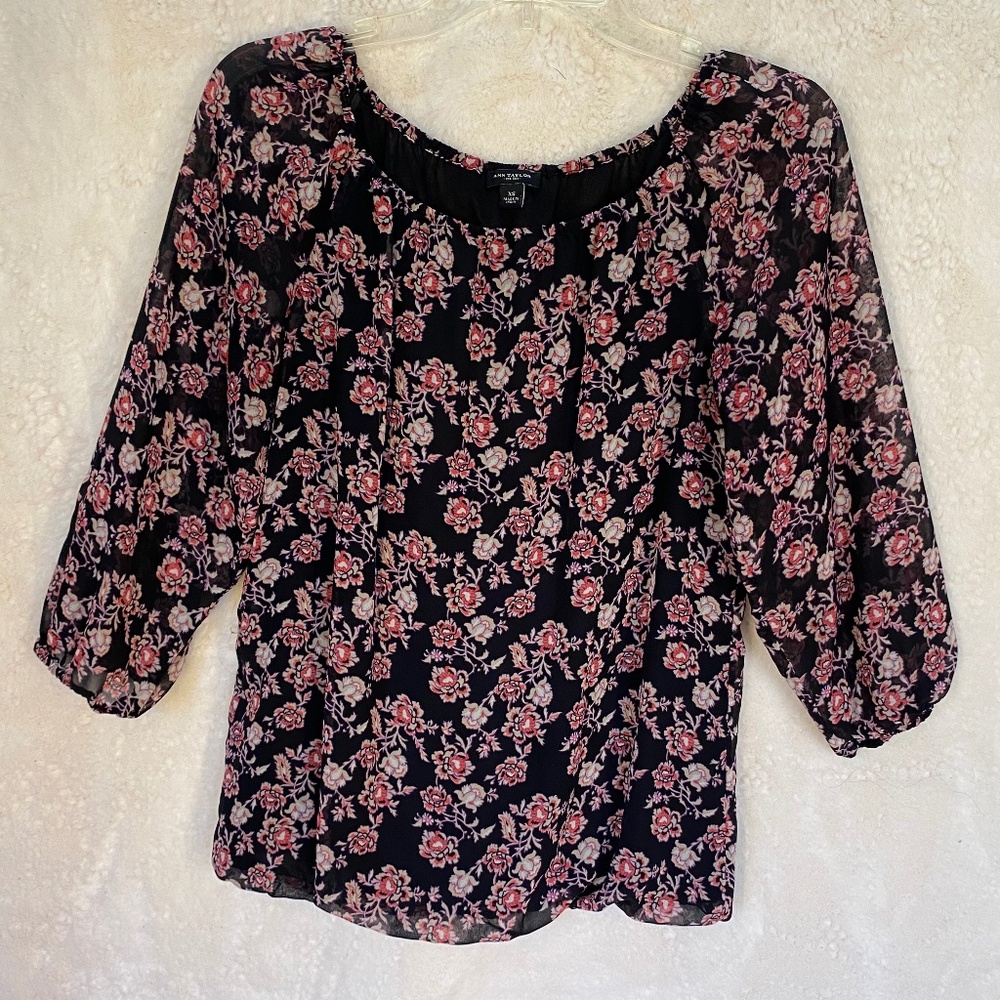 Ann Taylor Long Sleeve Floral Blouse, Black with Pink-red Floral print - Size XS